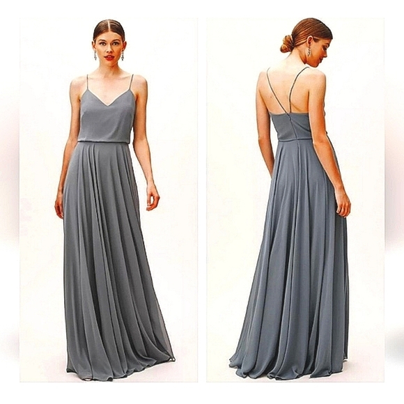 Jenny Yoo BHLDN Inesse Chiffon Maxi Dress in Storm Bridesmaid Prom Formal Sz 2 - Picture 1 of 12